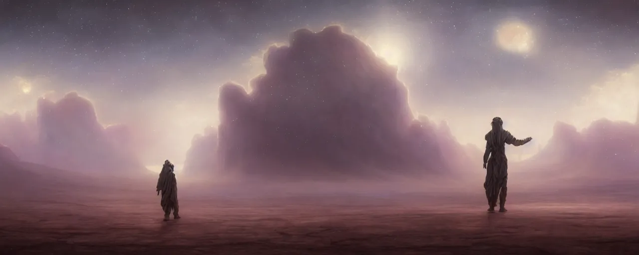 Image similar to a masterpiece oil painting of an interstellar traveler wandering through a desert made of cloud nebulas, by Tom Bagshaw and Alphonse Mucha and James Jean and John Williams Waterhouse, rendered in Octane and Cinema4D, 8k, volumetric lighting, concept art, ArtStation, fantasy, extremely moody lighting, cinematic, atmospheric, depth of field, intricate, elegant, highly detailed, digital painting, very coherent artwork