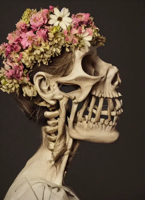 Prompt: a woman's face in profile, made of flowers skeleton, in the style of the Dutch masters and Gregory Crewdson, dark and moody