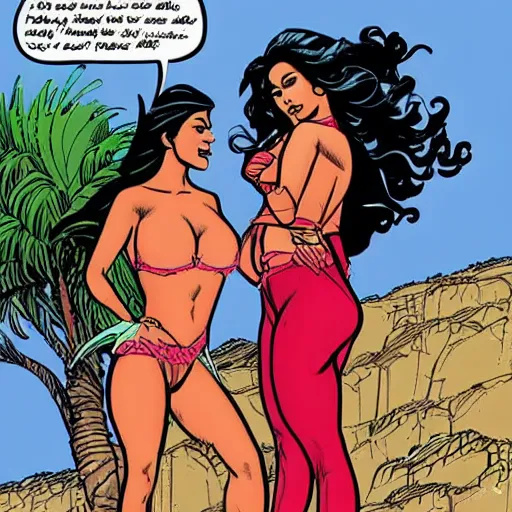 Prompt: attractive hispanic women talking by a cliff side, drawn by jaime hernandez, gilberto hernandez