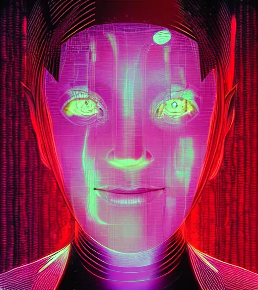 Prompt: hologram of a female face on a backdrop of data, Industrial Scifi, detailed illustration, character portrait, by Martin Grip and Moebius