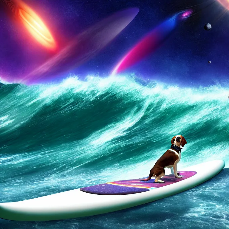 Image similar to beagle dog surfing a surfboard on a crashing l wave of alien ocean in space, background is an alien galaxy, aliens in the background, alien colors, octane render, unreal engine, wide view, 8 k, high detaild