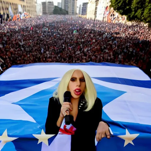 Image similar to Lady Gaga as president, Argentina presidential rally, Argentine flags behind, bokeh, giving a speech, detailed face, Argentina