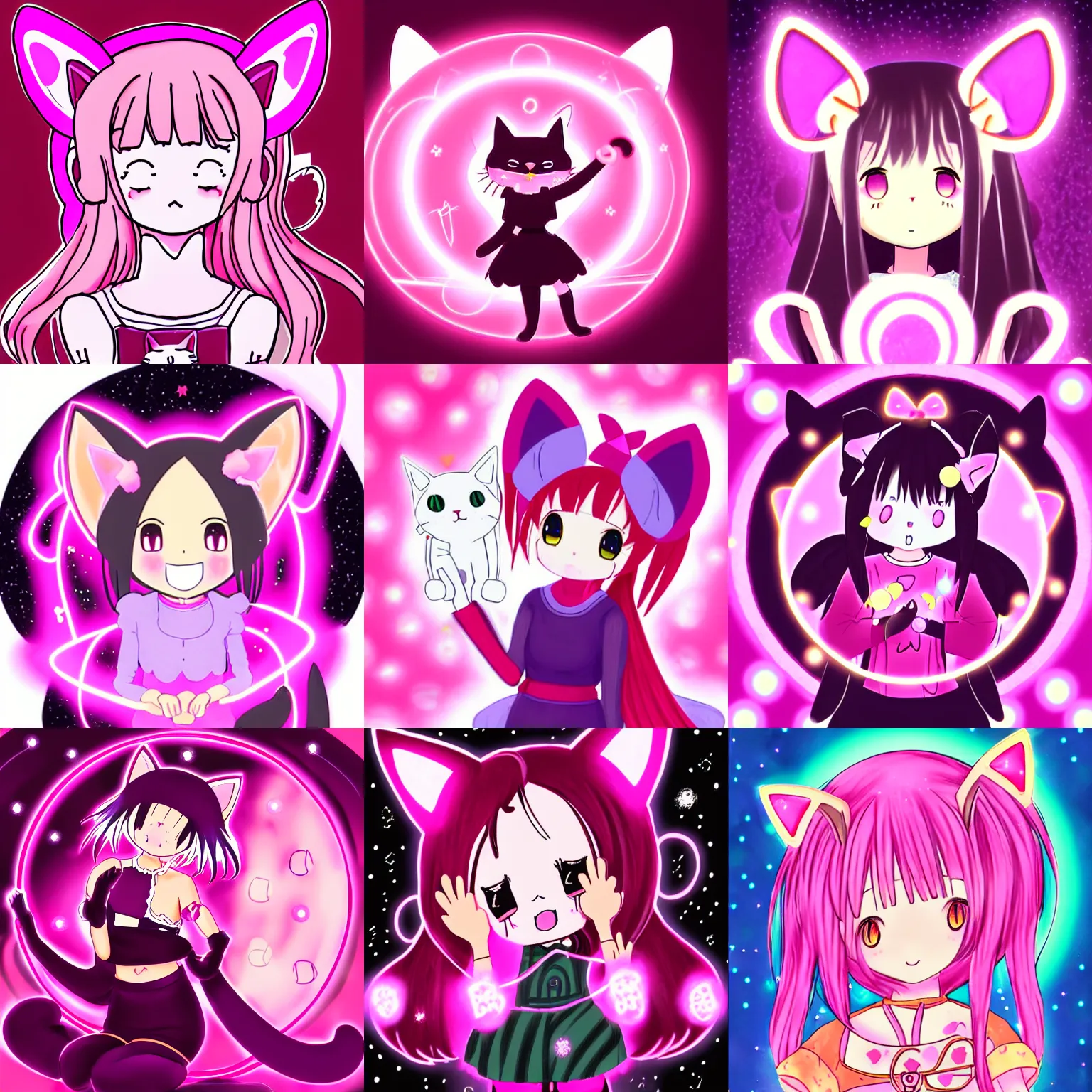Prompt: card art of happy anime (cat) girl girl with cat ears drawing magic circles. Glow with magic. Pink hue.