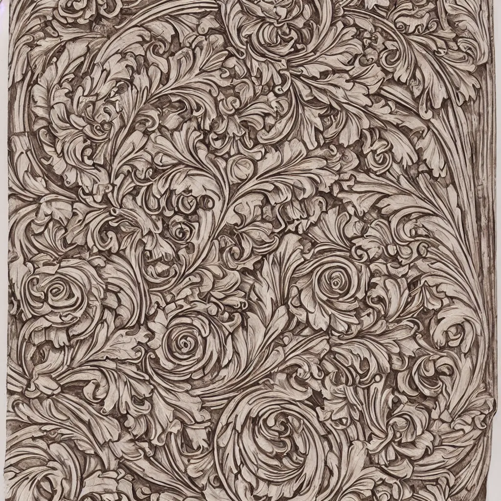 Prompt: beautiful decorative classical ornamental door emblem, fibonacci rhythms, roses, lilies, rose petals, lily petals, acanthus scrolls, highly detailed etching, bilaterally symmetrical, small medium and large elements