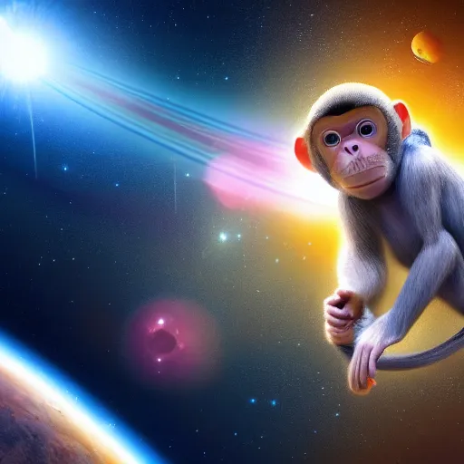 Prompt: monkey wearing a space suite in space, 4k wallpaper, high quality photo