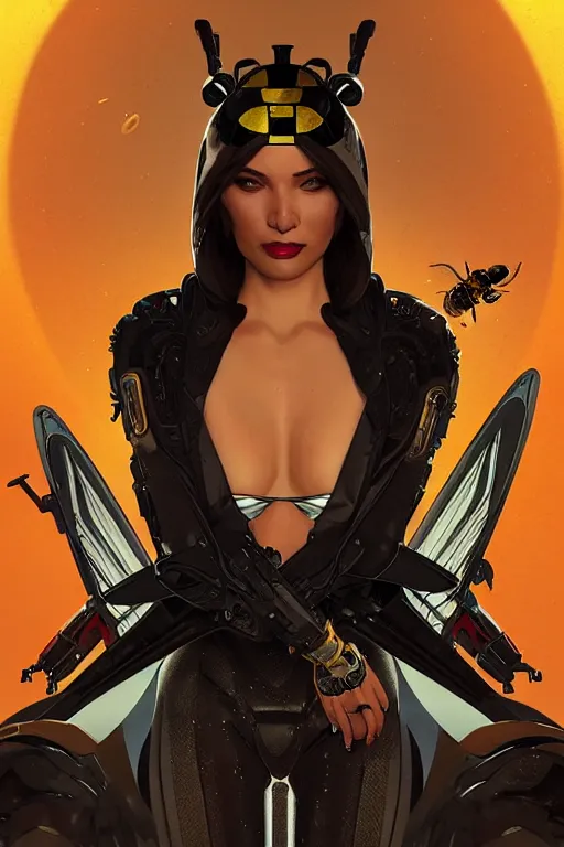 Image similar to gta 5 queen bee profile picture by greg rutkowski, cybernetic wings, dynamic pose, intricate, futuristic, fantasy, elegant, by stanley artgerm lau, greg rutkowski, thomas kindkade, alphonse mucha, loish, norman rockwell, fantasy lut, asymmetric, long hair, retro computer graphics, video game, fluid lines,