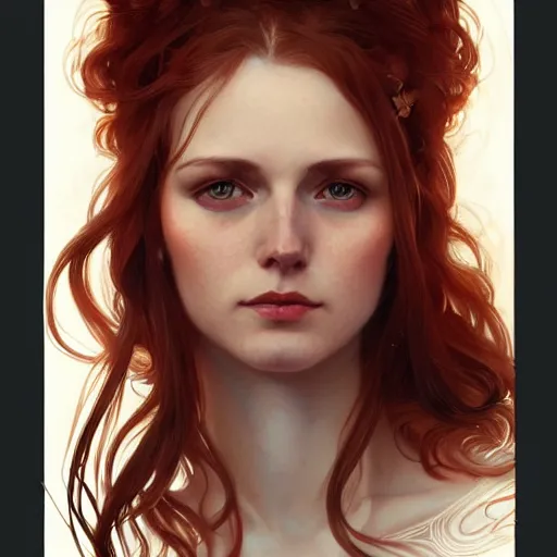 Image similar to A full portrait of Nordic female, 30 years old, brown red long hair, intricate, elegant, highly detailed, digital painting, artstation, concept art, smooth, sharp focus, illustration, art by Krenz Cushart and Artem Demura and alphonse mucha