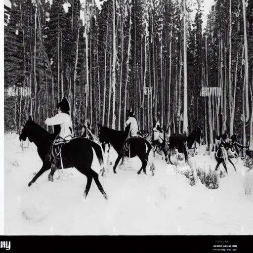 Image similar to photograph of savage plains indians on the warpath riding horses through some aspen trees in the snow attacking