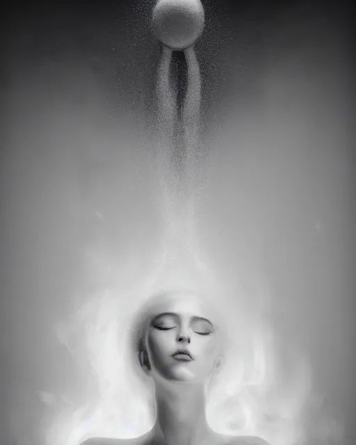 Image similar to monochrome, dreamy, subsurface scattering, white, young beautiful goddess in cosmos with very long white hair floating in air, fluid smoke art, black and white, octane render, dino valls, mark ryden, joe fenton, michal karcz, highly detailed, rim light, art, cinematic lighting, very coherent, hyper realism, 8 k