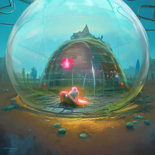 Image similar to a young and powerful goddess trapped in a dome, bubble, prisoner, panicking, lightning, energy bursts, highly detailed, digital painting, artstation, concept art, sharp focus, cinematic lighting, illustration, painted by Simon Stalenhag, cgsociety