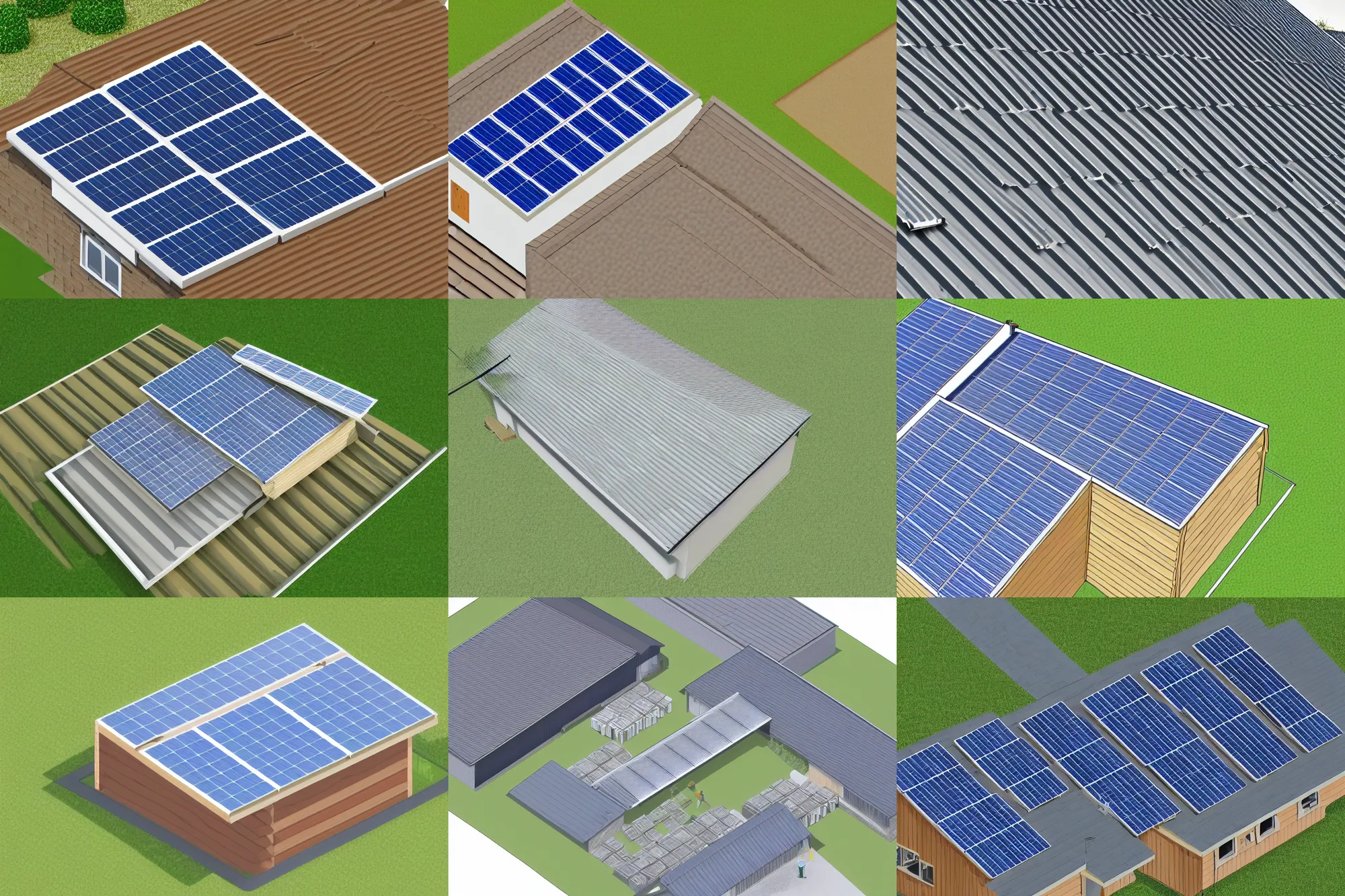 Prompt: shed roof illustration, few solar panels on the roof, isometric view