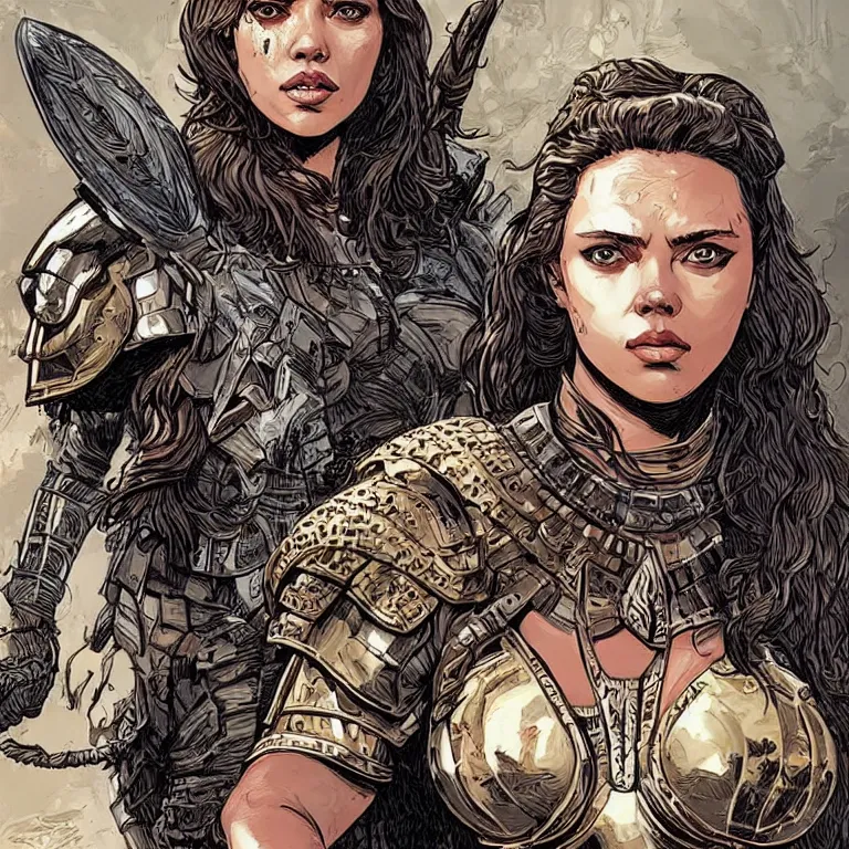 Prompt: scarlett johannson as an amazon warrior, a tall beautiful woman with brown skin and long hair, dressed in hellenistic body armour, intricate, elegant, highly detailed, smooth, sharp focus, detailed face, high contrast, graphic novel, art by laurie greasley