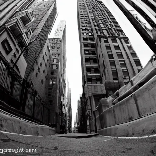 Image similar to wide shot low angle of new york alley, fisheye view!