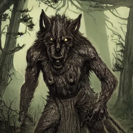 Prompt: a chained man slowly turning into a werewolf at a dusky forest, in the elden ring style