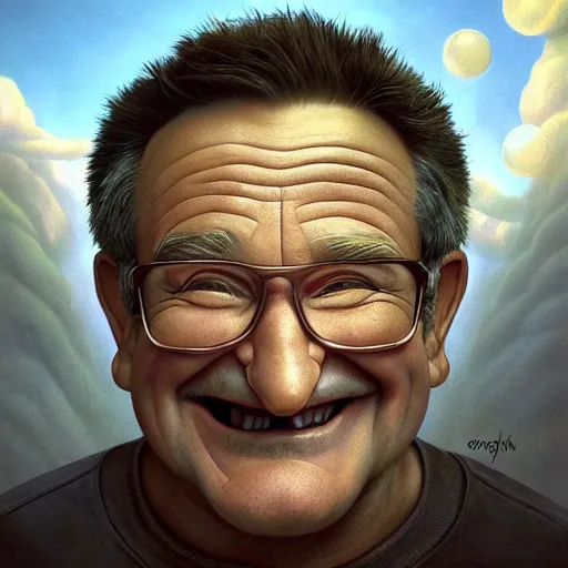 Prompt: Portrait of Robin Williams Funny cartoonish by Gediminas Pranckevicius H 640 and Tomasz Alen Kopera, masterpiece, trending on artstation