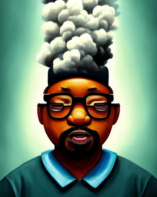 Image similar to painting portrait of big smoke evaporating as smoke, cartoon, warm lighting. big smoke's body is smoke. movie poster, illustration by bartek fedyczak, erak note, tooth wu, neil richards, kan liu, siwoo kim, jisu choe, trending on art station