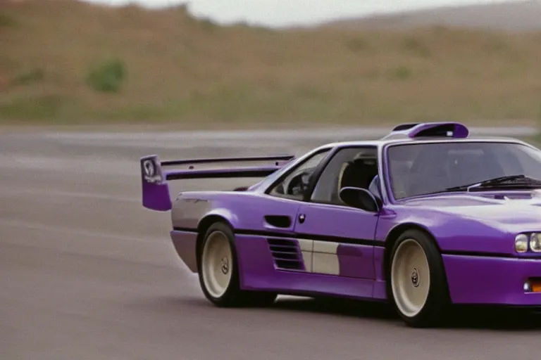 Image similar to vintage archival race footage of a single purple 1995 BMW M1, with elements of the Vector W8 Twin Turbo, movie still, speed, cinematic Panavision 5384 film