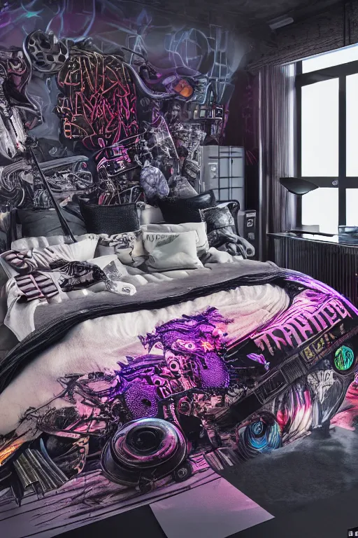 Image similar to photo of bedlinen in a modern bedroom, band merchandise, bandname is tripmachine, tourname is invasion of the tripmachines, realistic digital art, textured with a 3 d render of a huge futuristic steampunk generator, 8 k, fluorescent colors, halluzinogenic, multicolored, exaggerated detailed, unreal engine