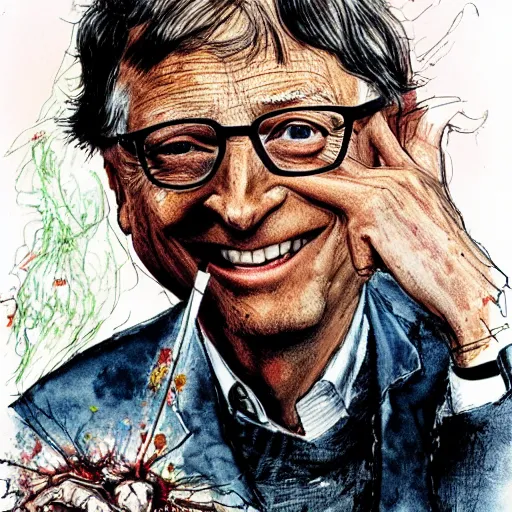 Image similar to bill gates holding a vaccine in his hand, Body horror, by Ralph Steadman