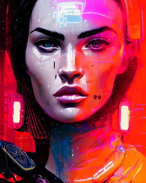 Prompt: detailed megan fox portrait neon operator girl, cyberpunk futuristic neon, reflective puffy coat, decorated with traditional japanese ornaments by ismail inceoglu dragan bibin hans thoma greg rutkowski alexandros pyromallis nekro rene maritte illustrated, perfect face, fine details, realistic shaded, fine - face, pretty face