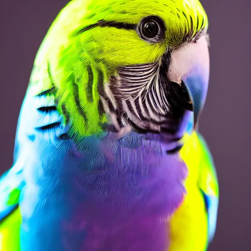 Image similar to budgie studio portrait, 5 0 mm prime lens, 1 0 0 iso, purple background