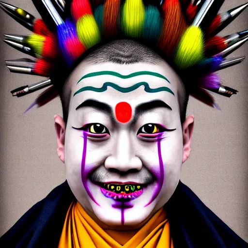 Prompt: photorealistic portrait photograph of a crazy buddhist monk with painted face as in peking opera and rastafarian rainbor color hair with spikes and rings in pierced face ears and nose like punks