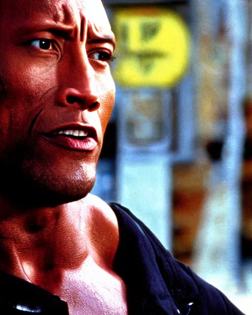 Prompt: Film still close-up shot of Dwayne Johnson as Arnold from the movie Terminator 2. Photographic, photography