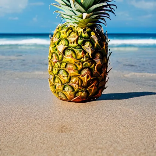 Prompt: a pineapple with a bikini on the beach.