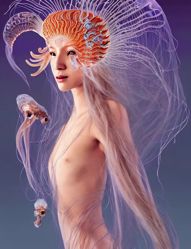 Image similar to 3 d goddess jellyfish half - turn portrait with long hair with ram skull. beautiful intricately detailed japanese crow kitsune mask and clasical japanese kimono. betta fish, jellyfish phoenix, bio luminescent, plasma, ice, water, wind, creature, artwork by tooth wu and wlop and beeple and greg rutkowski