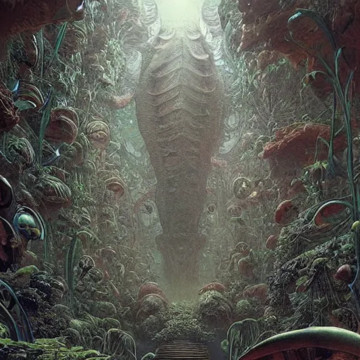 Image similar to epic alien jungle by zdzisław beksinski, greg rutkowski and ernst haeckel. highly detailed, hyper - real, very beautiful, intricate fractal details, very complex, opulent, epic, mysterious, trending on deviantart and artstation