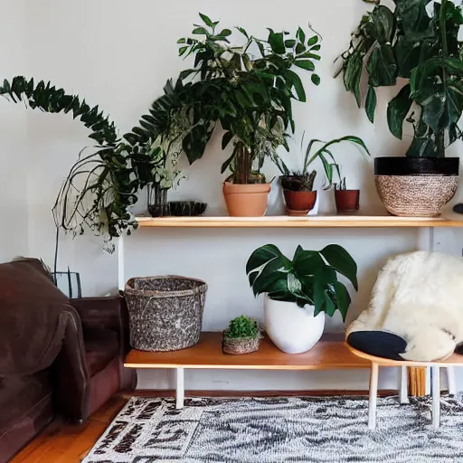 Image similar to a cozy HYGGE gaming station, dim lights, many plants