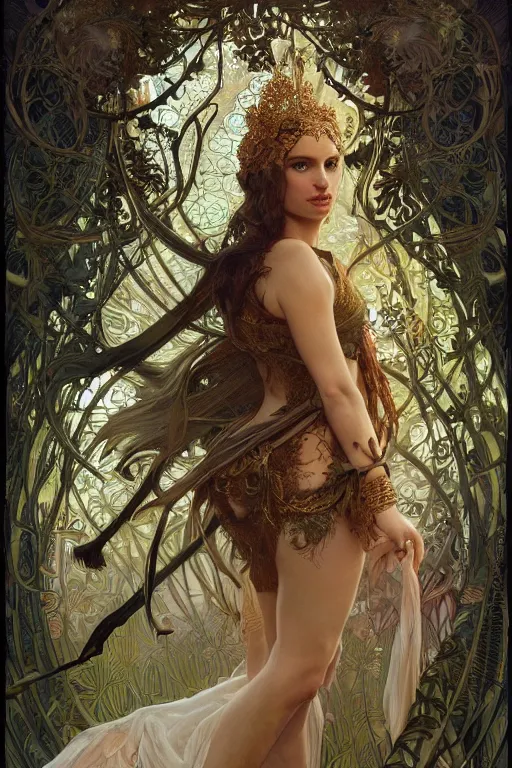 Prompt: natalie portman as queen of the jungle, full figure, painted by nekro, alphonse mucha, dark - fantasy, intricate detail, artstation, cgsociety, rococo, gold leaf art