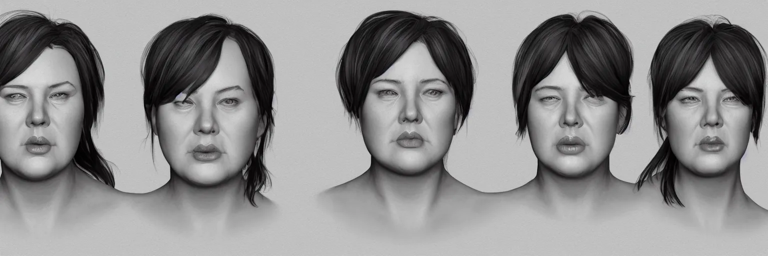 Image similar to female character face study of bill hicks, fat woman, smoking, clear faces, emotional, character sheet, fine details, concept design, contrast, kim jung gi, pixar and da vinci, trending on artstation, 8 k, 3 6 0 head, turnaround, front view, back view, ultra wide angle