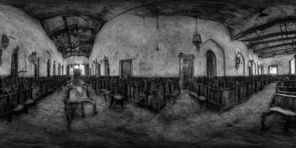 Image similar to house hall with 1 0 old women wearing black hooded cloaks, evil, black and white, lurking, looking at the camera, fear, dramatic lighting, equirectangular, 3 6 0 º