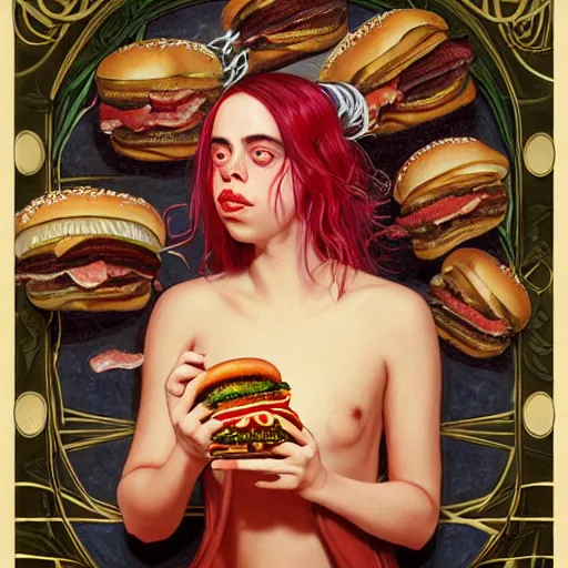 Prompt: detailed full body concept art illustration oil painting of Billie Eilish consuming hamburgers, extra ketchup, bacon lettuce and tomatos, oriental art nouveau, frock, mid body, radiant halo of light, black gold smoke ink, woman covered in sliced tomatos and onions, peter mohrbacher, artgerm