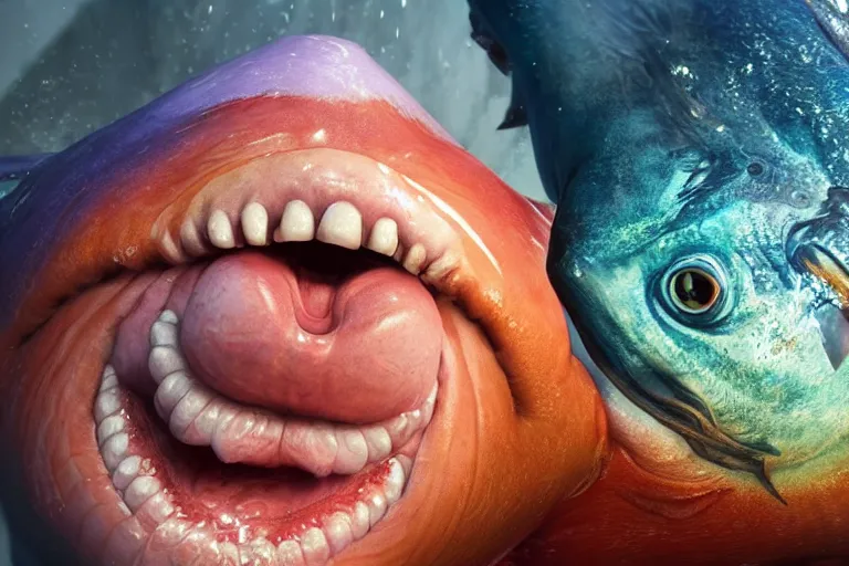 Image similar to of a very beautiful scene. ambient occlusion render. a sweet fat old woman is giving a birth to a huge colorful fish. hyper realistic. 4 k. wide angle. wild. symmetrical face, red mouth, blue eyes. deep focus, lovely scene. ambient occlusion render. concept art. unreal engine.