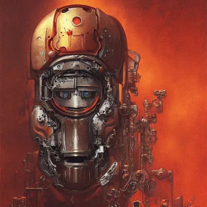 Image similar to portrait of an orange ultron from age of ultron, clockwork steampunk, dieselpunk, head and chest only, by beksinski, 4 k, deviantart, trending on artstation