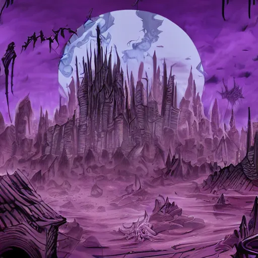 Image similar to purple, eldritch, corruption, sickness, taint, magic, spreading across a dead city