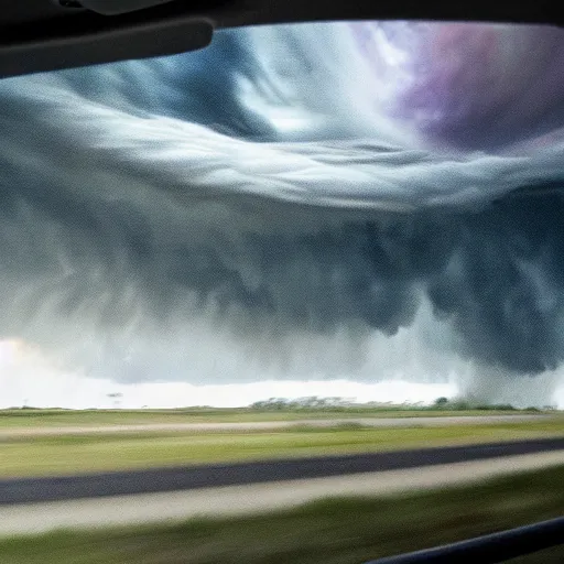 Image similar to white minivan driving away from a tornado, 4k, realism