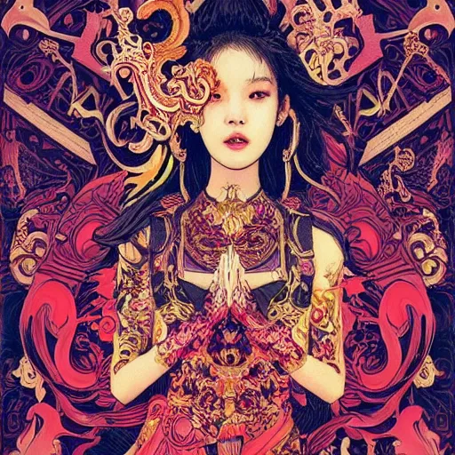 Image similar to jisoo + blackpink + elements + red + gold + neon + baroque + rococo + white + orange + ink + tarot card, ornate + by marc simonetti, paul pope, peter mohrbacher, detailed, intricate ink illustration + damask + award winning + 8 k