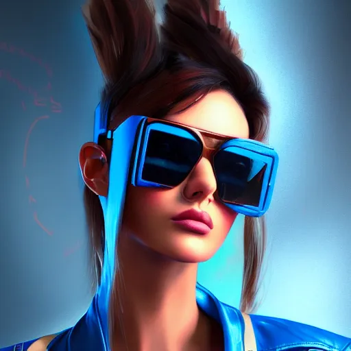 Image similar to closeup painting of a very beautiful young mexican cyberpunk woman with a smirk, wearing light blue shutter shades and a dark brown leather jacket, one side haircut, long brown hair with light blue ends, portrait, hyperdetailed, artstation, cgsociety, 8 k, synthwave by tangerine dream