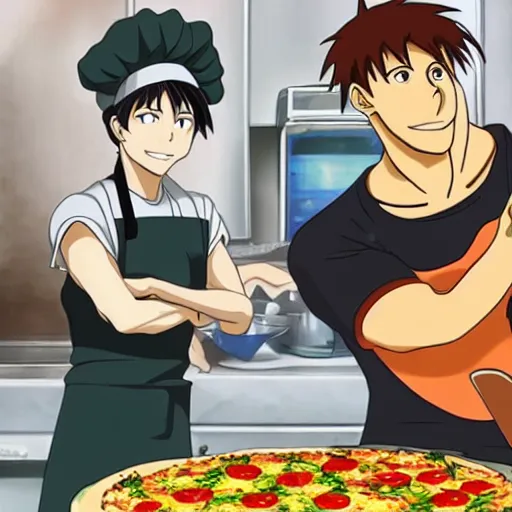 Prompt: shinji baking pizza with ananas, still from anime