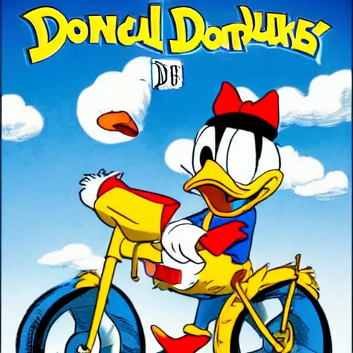 Image similar to donald duck riding a bike, in style of don rosa