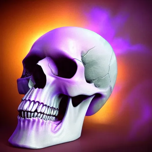 Prompt: a skull with glowing purple eyes smoking a purple cigar, digital art, realistic, vivid