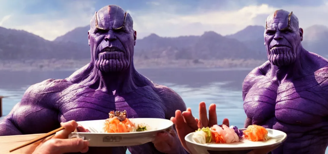 Image similar to a very high resolution image from a new movie. thanos eating sushi on a lake, photorealistic, photography, directed by wes anderson