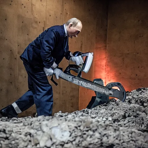 Image similar to putin with a chainsaw. in a concrete bunker with a pile of corpses. focus on putins face with blood splatters. canon eos r 3, f / 1. 4, iso 1 6 0 0, 1 / 8 0 s, 8 k, raw, grainy