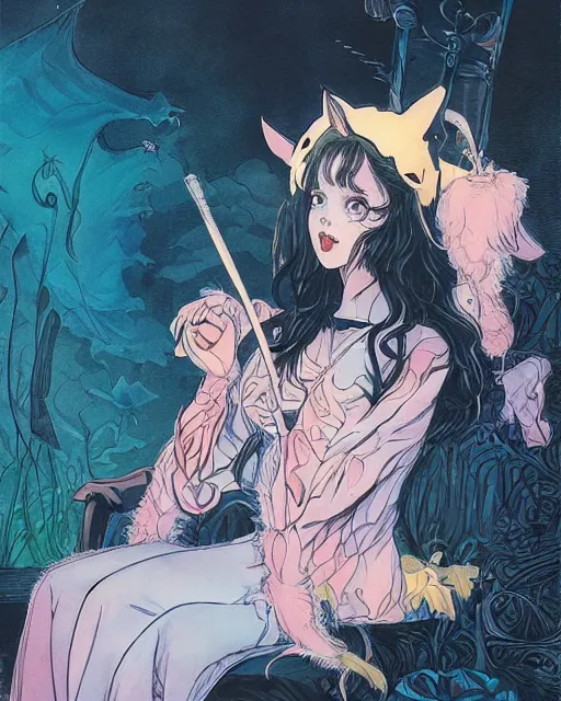 Image similar to a girl in a cute bat costume at a halloween party, full shot, focused, ambient lighting, detailed, art by ayami kojima, makoto shinkai, kilian eng