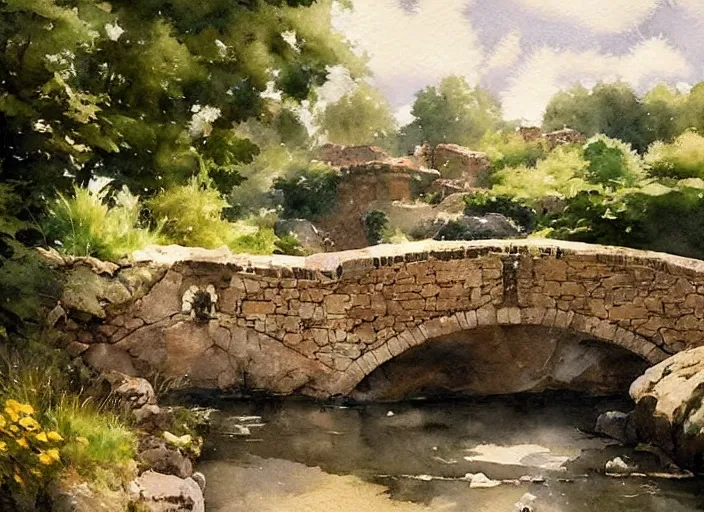 Image similar to watercolor of rustic stone bridge with mural, ivy, summer daylight, bright clear day, clouds, high detailed art by dennis miller bunker, work by anders zorn, wonderful masterpiece by greg rutkowski, beautiful cinematic light, american romanticism by greg manchess, creation by tyler edlin