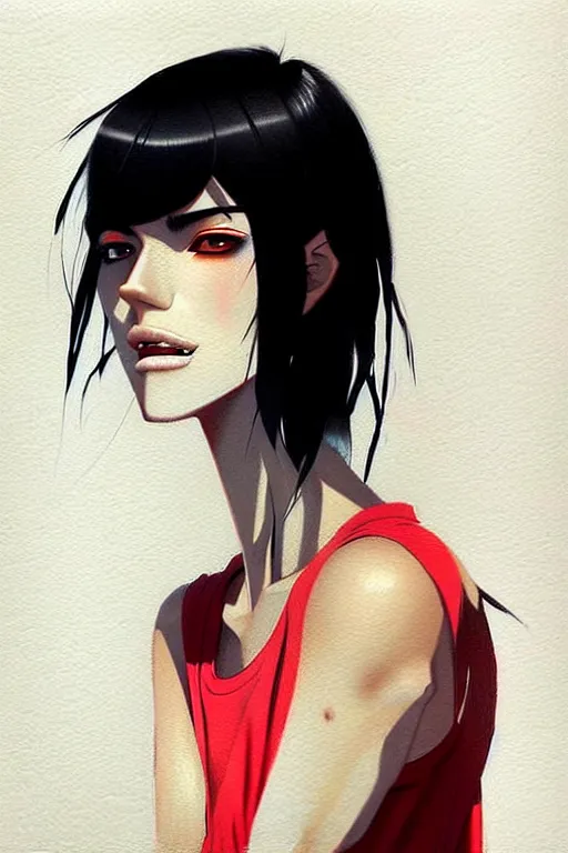 Image similar to a ultradetailed beautiful painting of a stylish woman with a white tank top, she has black hair with bangs, by conrad roset, greg rutkowski and makoto shinkai trending on artstation