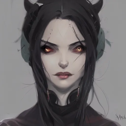 Image similar to female human vampire witch in the style of greg rutkowski, makoto shinkai, trending on artstation, character design, concept art, pretty face, highly detailed, long black hair, portrait, digital art